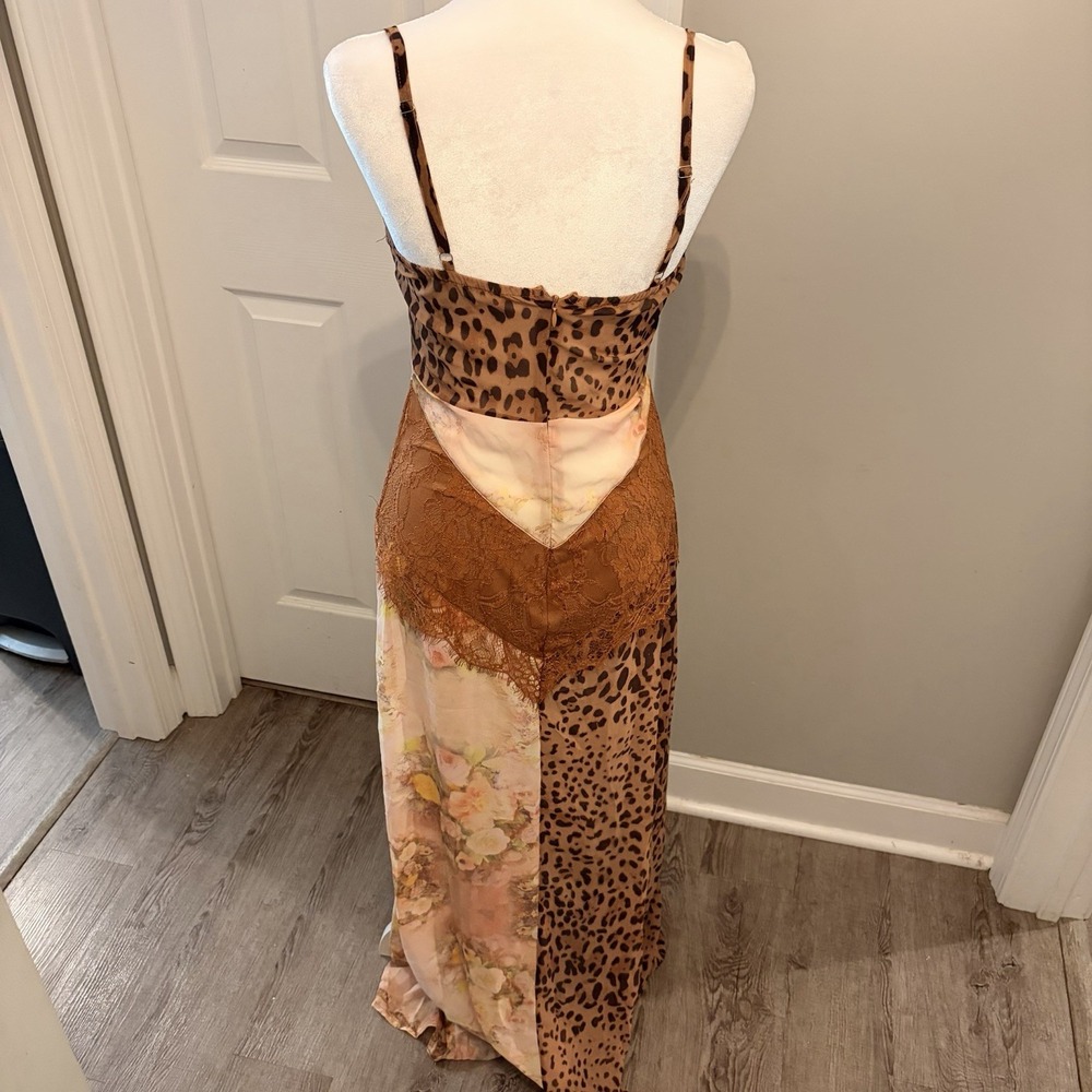 Mixed Print Chiffon Maxi Dress Size S Leopard Floral Patchwork Lace Slip Long - Picture 6 of 10